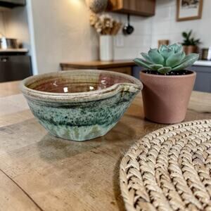 Handmade Studio Pottery Green & Tan Bowl With Spout Moore Ceramics Folk Art